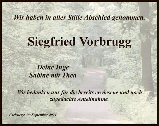 Todesanzeige von Siegfried Vorbrugg von WRS