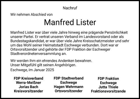 Todesanzeige von Manfred Lister von WRS