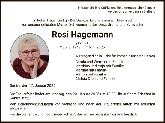Todesanzeige von Rosi Hagemann von WRS