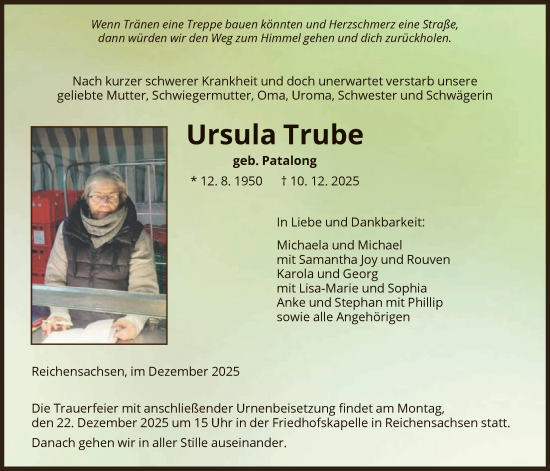 Todesanzeige von Ursula Trube von WRS