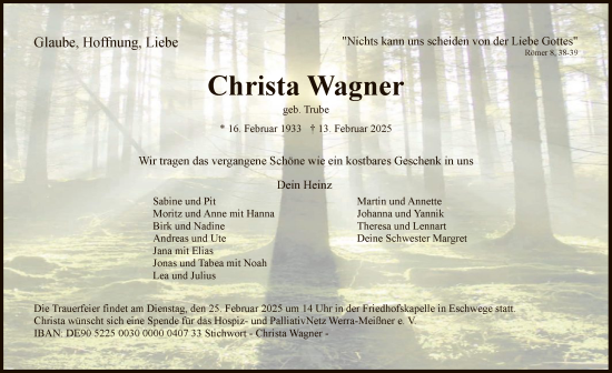 Todesanzeige von Christa Wagner von WRS