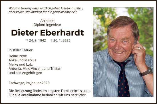 Todesanzeige von Dieter Eberhardt von WRSHNA