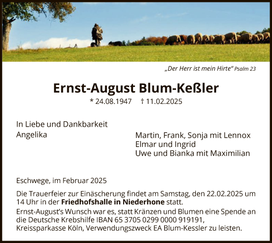 Todesanzeige von Ernst-August Blum-Keßler von WRS