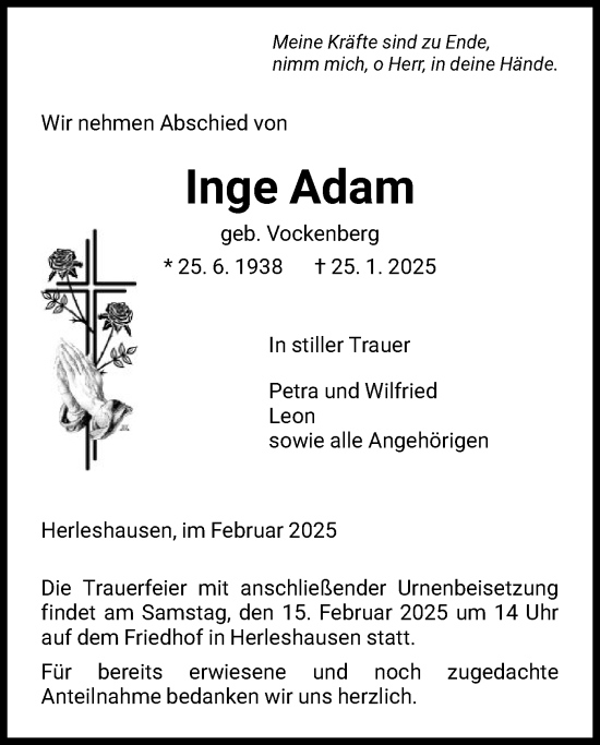 Todesanzeige von Inge Adam von WRS
