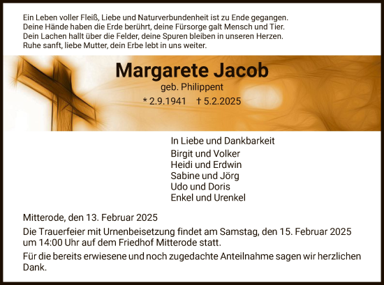 Todesanzeige von Margarete  Jacob von WRS