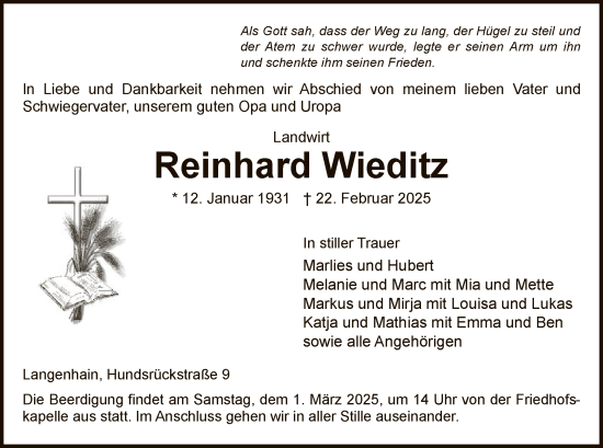 Todesanzeige von Reinhard Wieditz von WRS