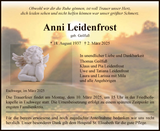 Todesanzeige von Anni Leidenfrost von WRS