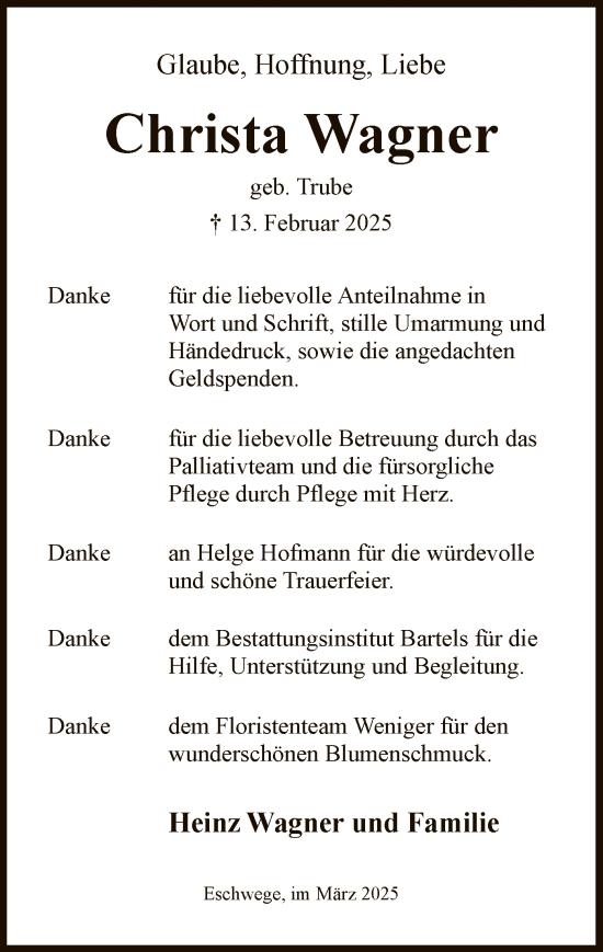 Todesanzeige von Christa Wagner von WRS