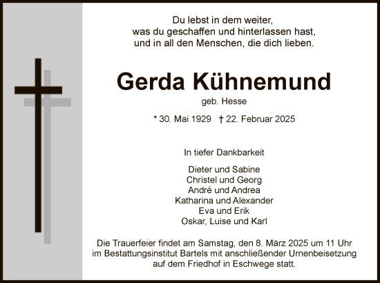 Todesanzeige von Gerda Kühnemund von WRS