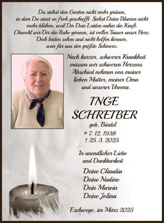 Todesanzeige von Inge Schreiber von WRSWRS