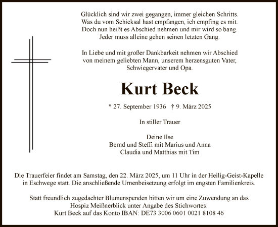 Todesanzeige von Kurt Beck von WRS