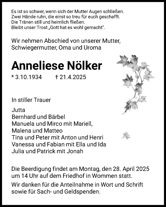 Todesanzeige von Anneliese Nölker von WRS