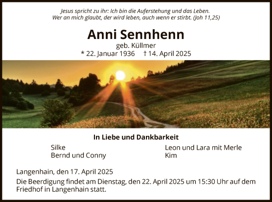 Todesanzeige von Anni Sennhenn von WRS