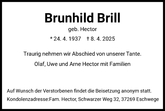 Todesanzeige von Brunhild Brill von WRS