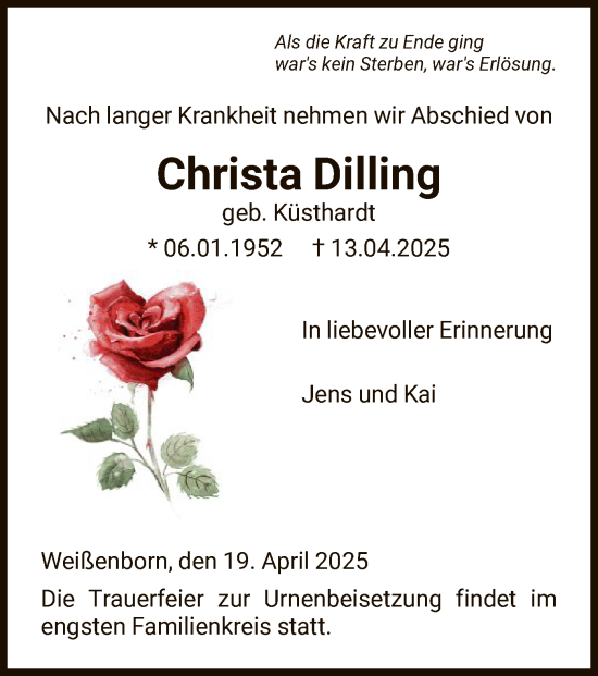 Todesanzeige von Christa Dilling von WRS