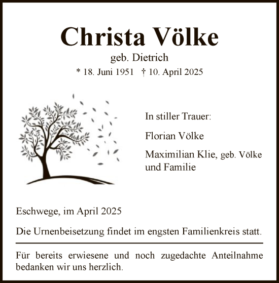 Todesanzeige von Christa Völke von WRS