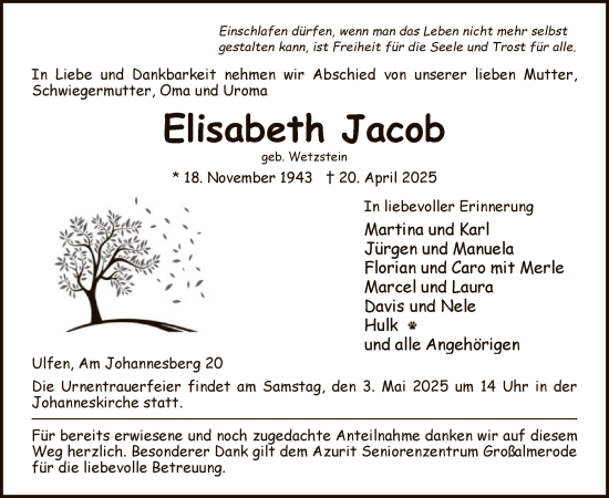 Todesanzeige von Elisabeth Jacob von WRS