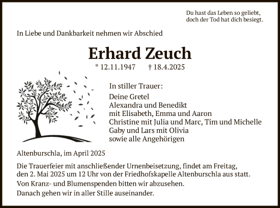 Todesanzeige von Erhard Zeuch von WRS