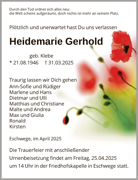 Todesanzeige von Heidemarie Gerhold von WRS