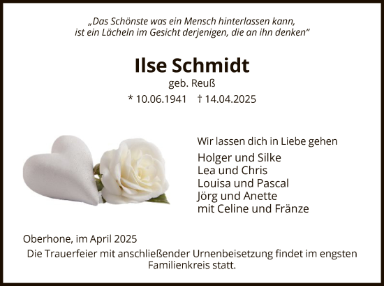 Todesanzeige von Ilse Schmidt von WRS
