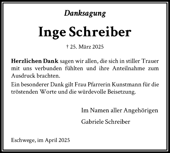 Todesanzeige von Inge Schreiber von WRS
