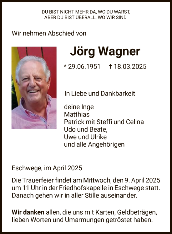 Todesanzeige von Jörg Wagner von WRS