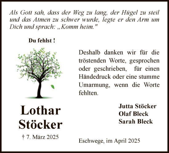 Todesanzeige von Lothar Stöcker von WRS