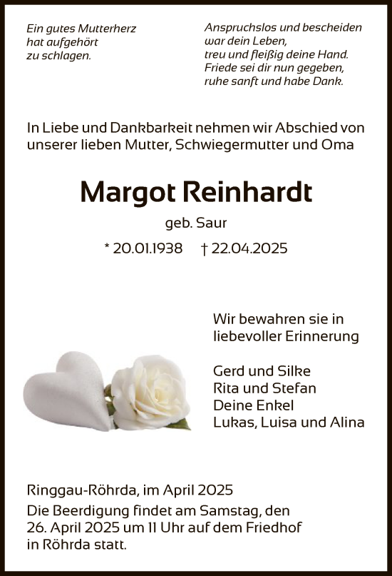 Todesanzeige von Margot Reinhardt von WRS