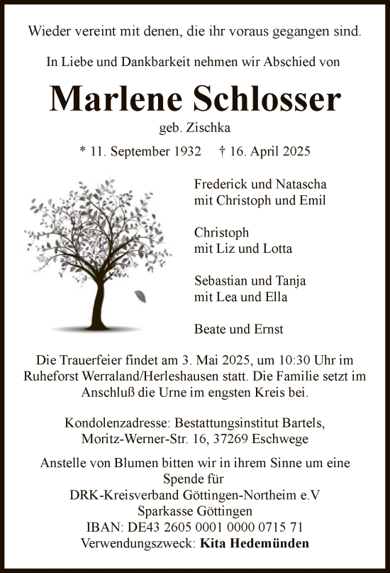 Todesanzeige von Marlene Schlosser von WRS