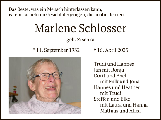 Todesanzeige von Marlene Schlosser von WRS
