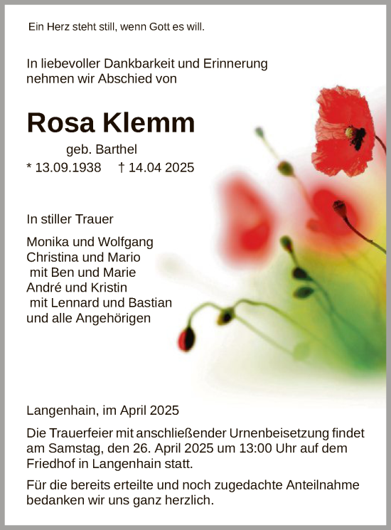 Todesanzeige von Rosa Klemm von WRS