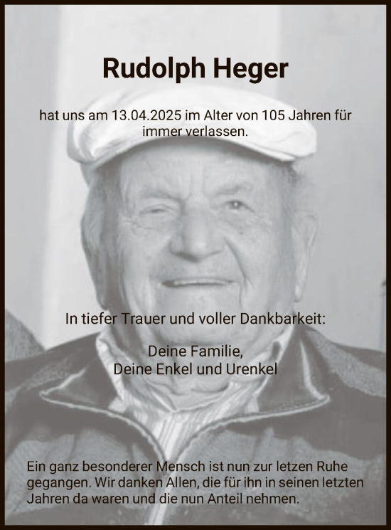 Todesanzeige von Rudolph Heger von WRS