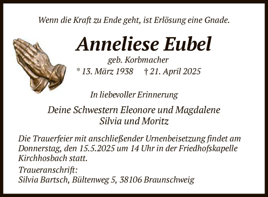 Todesanzeige von Anneliese Eubel von WRS