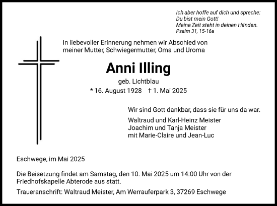 Todesanzeige von Anni Illing von WRS