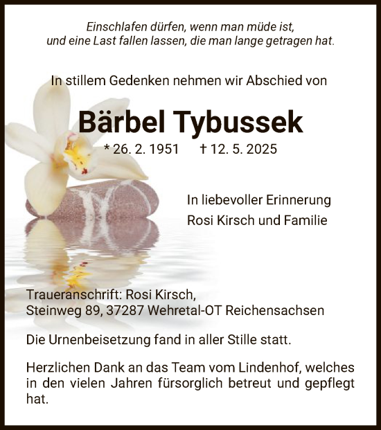 Todesanzeige von Bärbel Tybussek von WRS