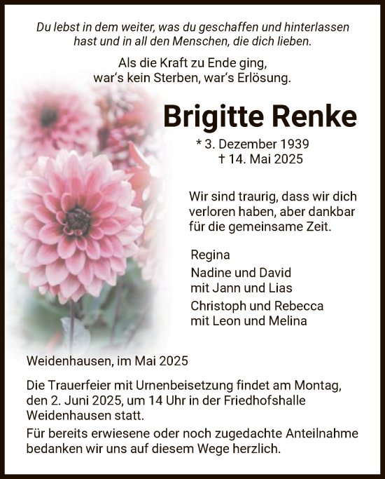 Todesanzeige von Brigitte Renke von WRS