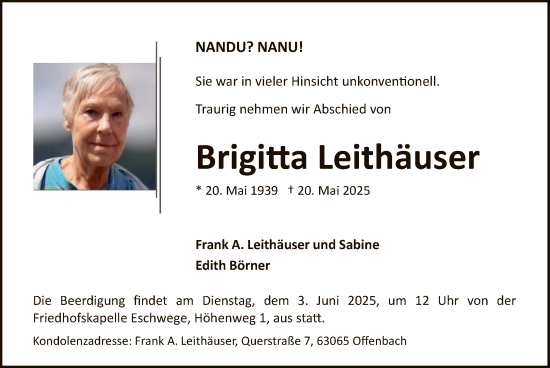 Todesanzeige von Brigtta Leithäuser von WRS