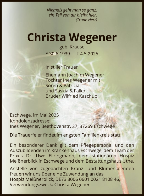 Todesanzeige von Christa Wegener von WRS