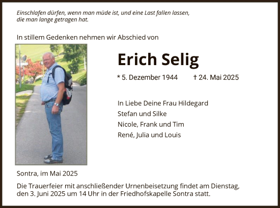 Todesanzeige von Erich Selig von WRS