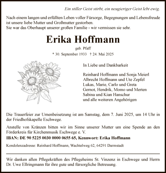 Todesanzeige von Erika Hoffmann von WRS