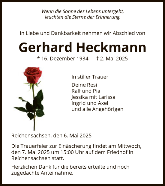 Todesanzeige von Gerhard Heckmann von WRS