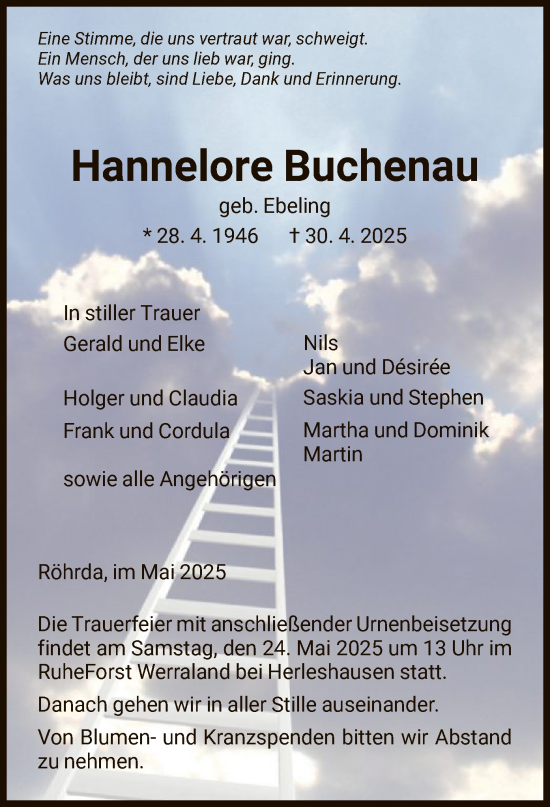 Todesanzeige von Hannelore Buchenau von WRS