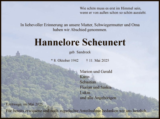 Todesanzeige von Hannelore Scheunert von WRS