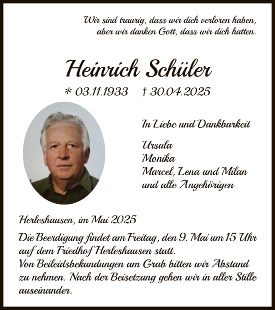 Todesanzeige von Heinrich Schüler von WRS