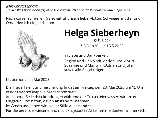 Todesanzeige von Helga Sieberheyn von WRS
