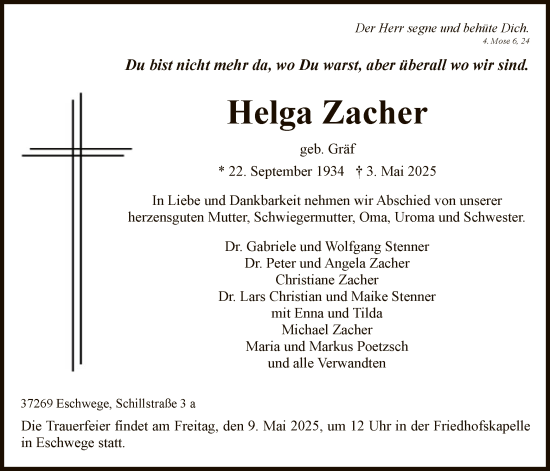 Todesanzeige von Helga Zacher von WRS