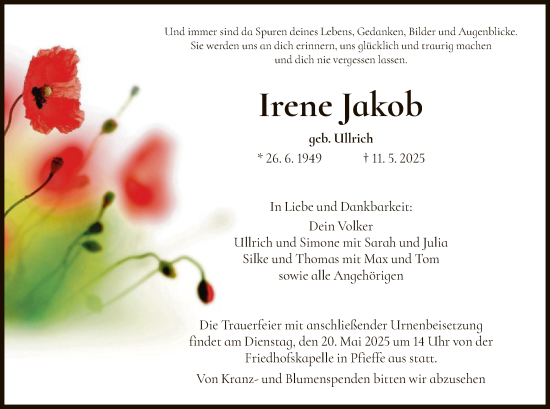 Todesanzeige von Irene Jakob von HNAWRS