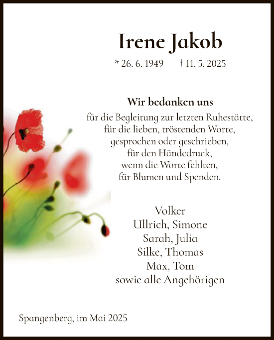 Todesanzeige von Irene Jakob von HNAWRS
