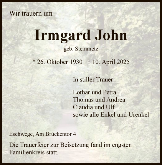 Todesanzeige von Irmgard John von WRS