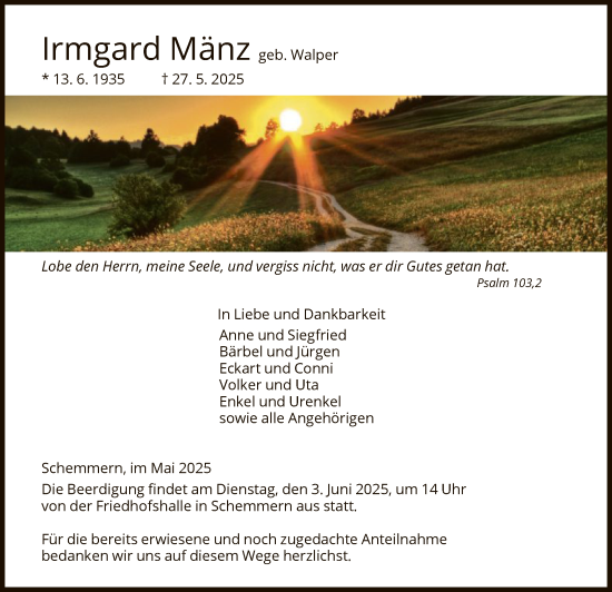 Todesanzeige von Irmgard Mänz von WRS